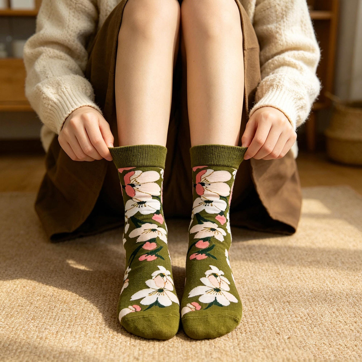 Personalized Artistic Garden Crew Socks, Floral Botanical Jacquard Knit Socks, Nature Inspired Socks by AnnieColors, view 4