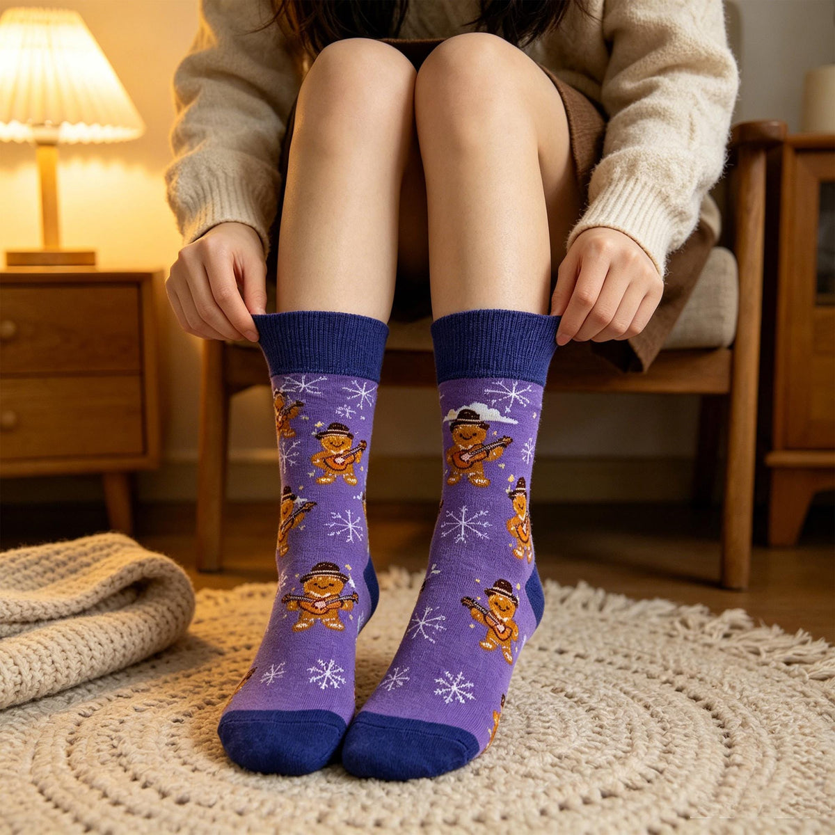 Christmas Gingerbread Socks, Colorful Festive Holiday Crew Socks, Winter Village Patterned Socks by AnnieColors, view 6