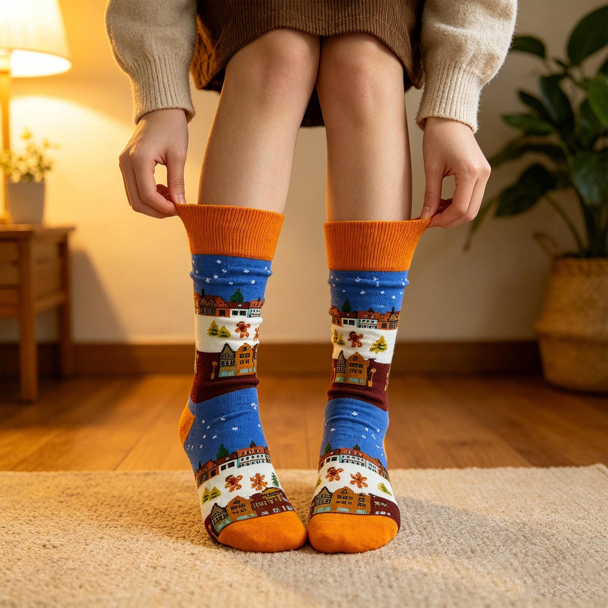 Christmas Gingerbread Socks, Colorful Festive Holiday Crew Socks, Winter Village Patterned Socks by AnnieColors, view 5