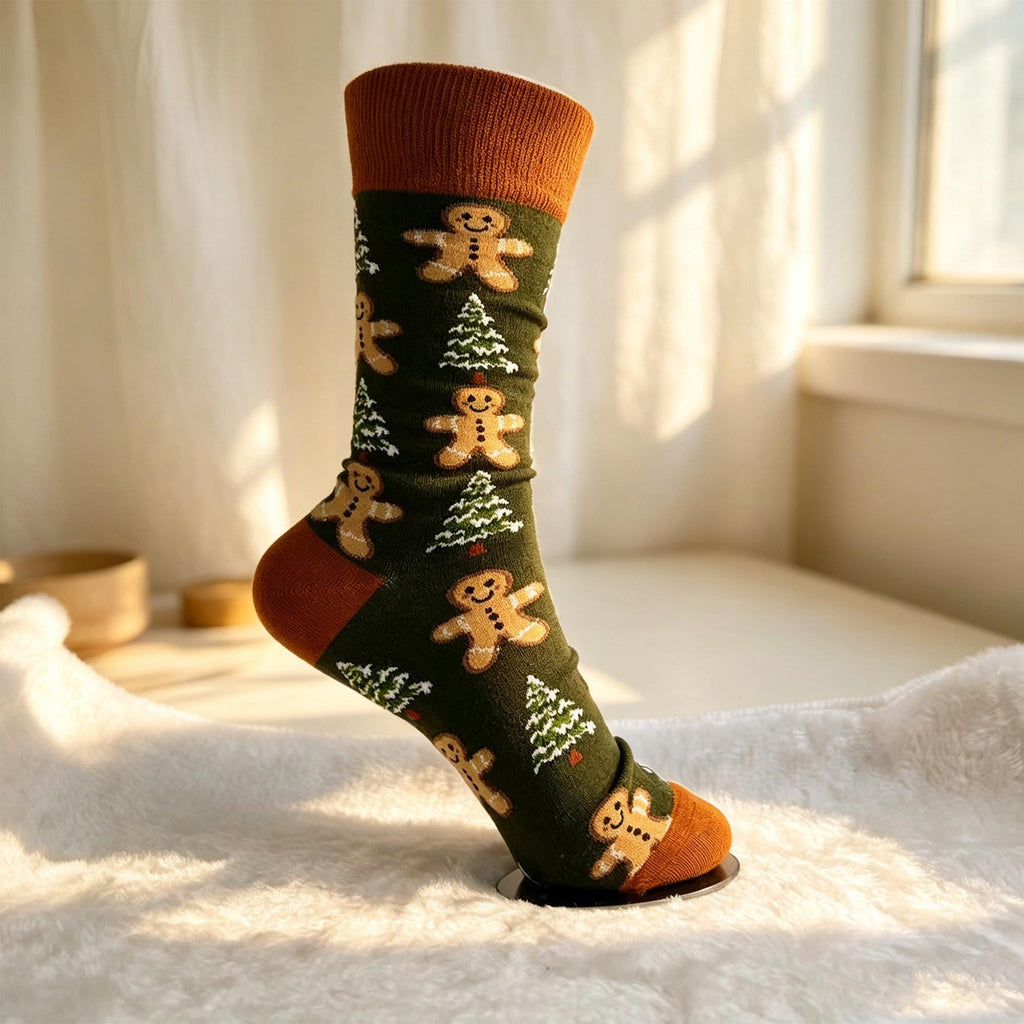 Christmas Gingerbread Socks, Colorful Festive Holiday Crew Socks, Winter Village Patterned Socks by AnnieColors, view 10