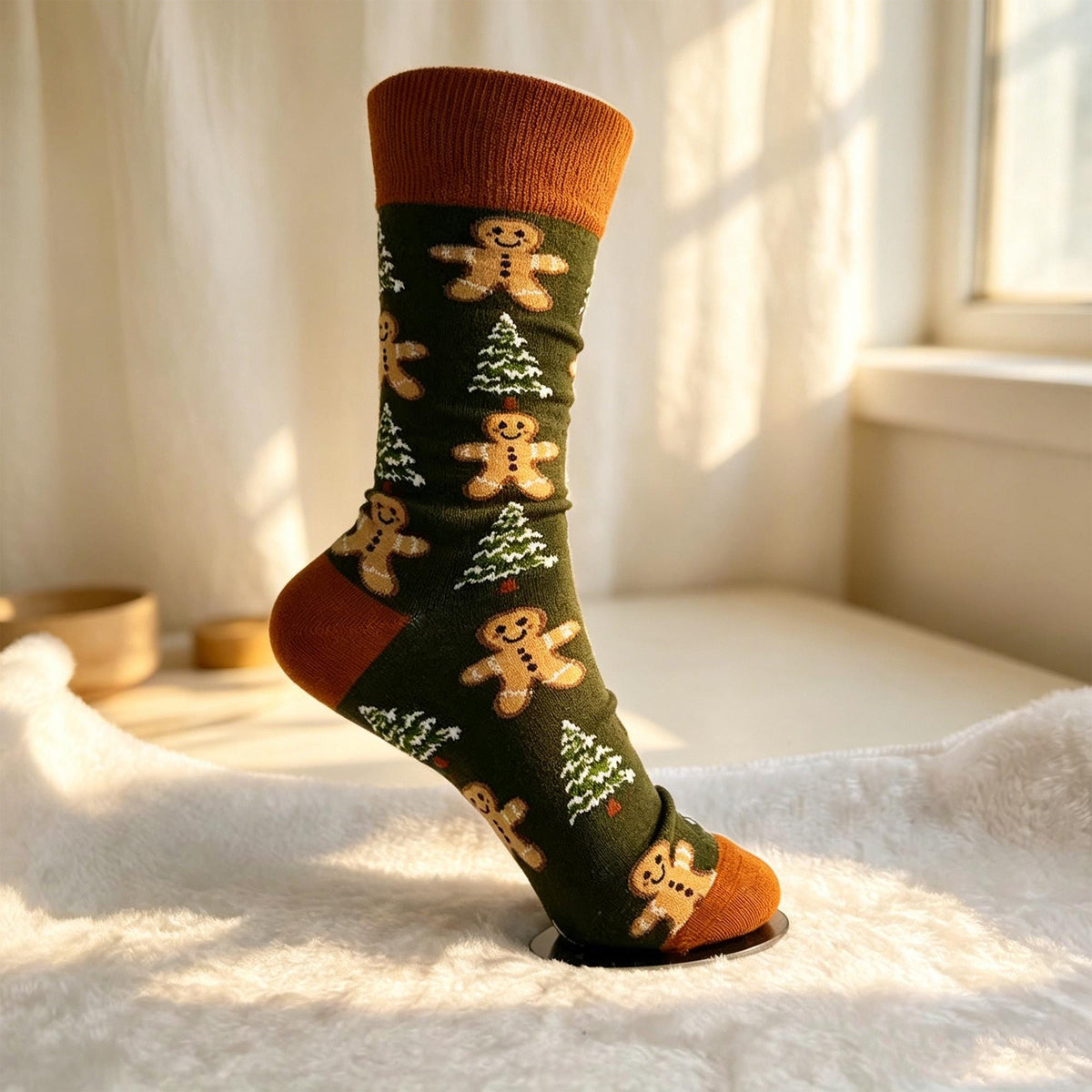 Christmas Gingerbread Socks, Colorful Festive Holiday Crew Socks, Winter Village Patterned Socks by AnnieColors, view 10