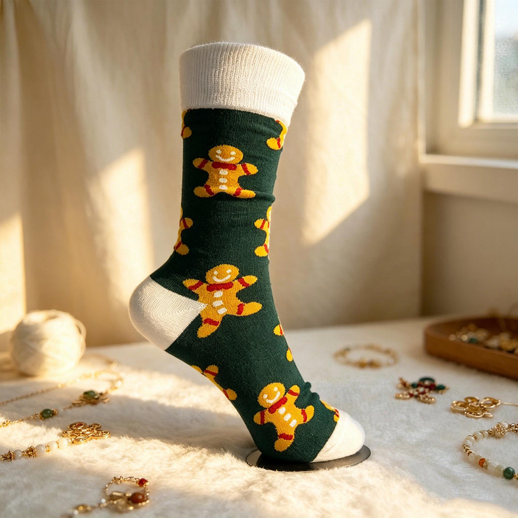 Christmas Gingerbread Socks, Colorful Festive Holiday Crew Socks, Winter Village Patterned Socks by AnnieColors, view 9