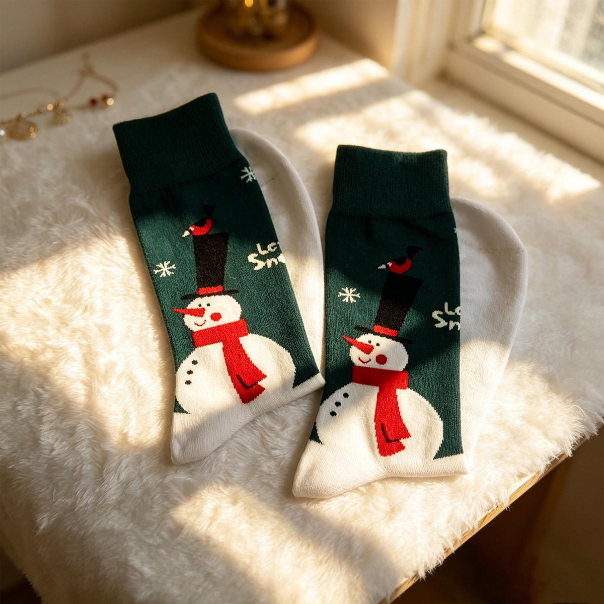 Christmas Snowman Socks, Festive Holiday Crew Socks, Cute Winter Socks, Cozy Xmas Gift for Her by AnnieColors, view 9