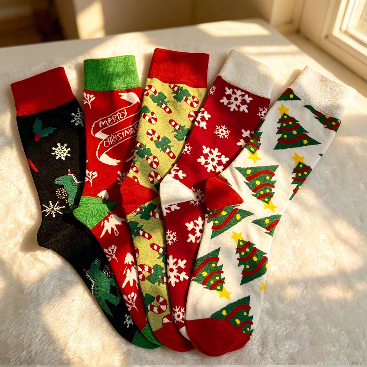 Colorful Festive Holiday Crew Socks, Novelty Dinosaur Xmas Sock, Cozy Winter Gift for Her by AnnieColors