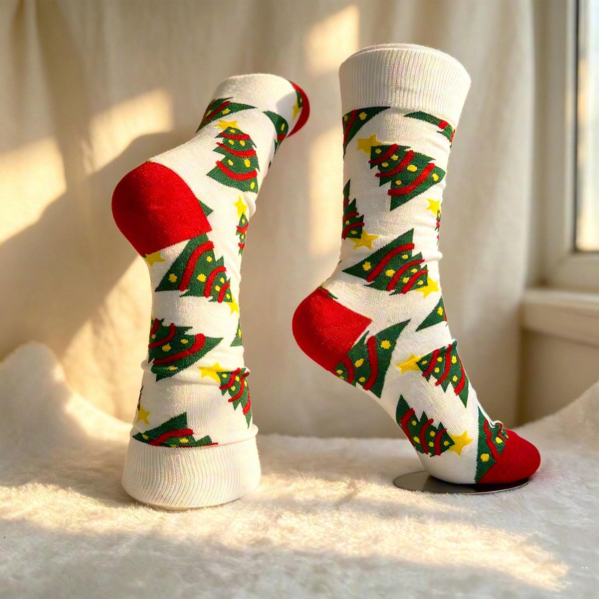 Colorful Festive Holiday Crew Socks, Novelty Dinosaur Xmas Sock, Cozy Winter Gift for Her by AnnieColors, view 10