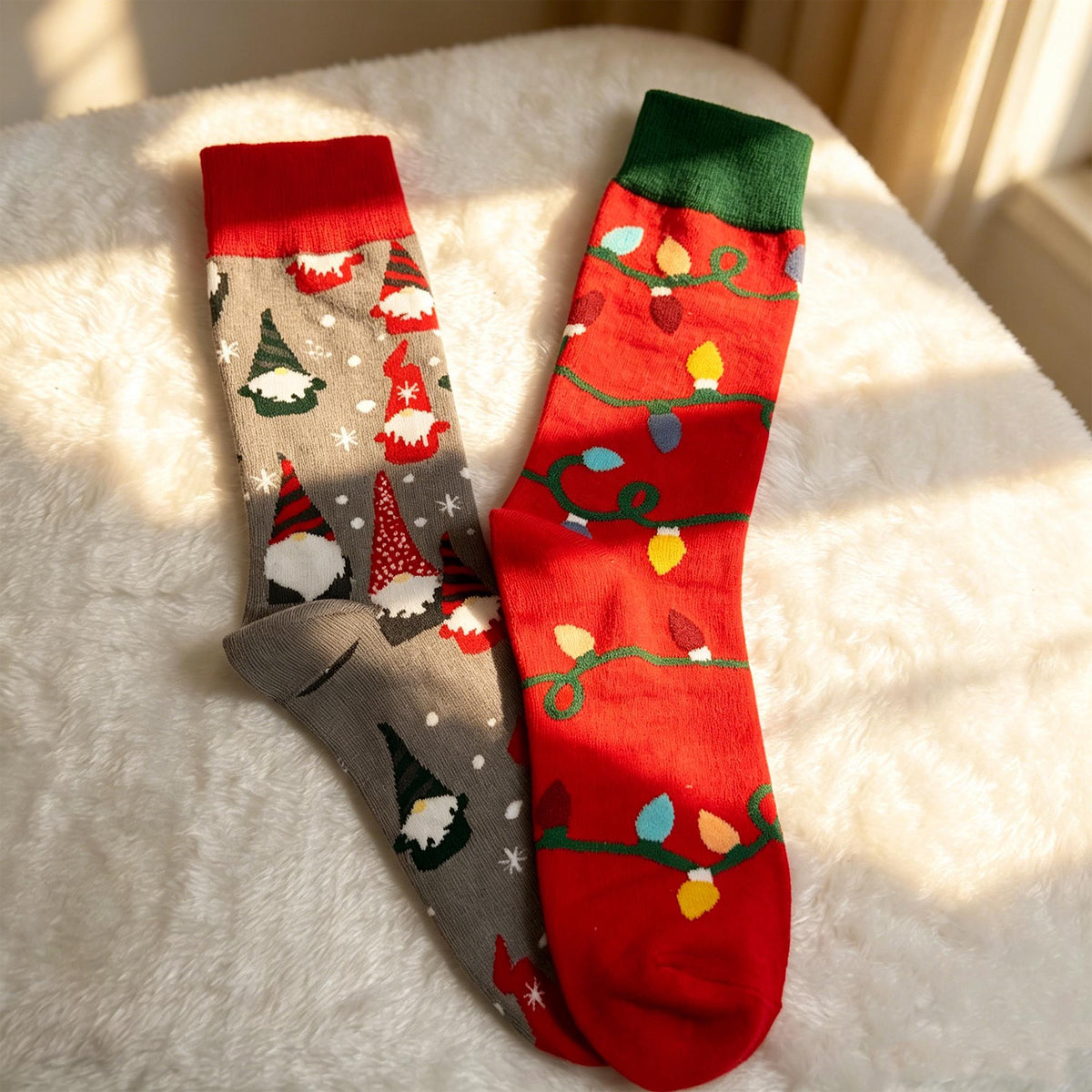 Mismatched Christmas Socks, Gnome and Holiday Light Crew Socks, Quirky Gift by AnnieColors, view 3