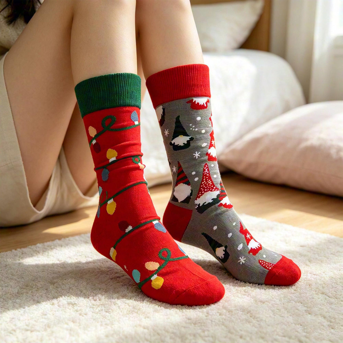 Mismatched Christmas Socks, Gnome and Holiday Light Crew Socks, Quirky Gift by AnnieColors, view 4
