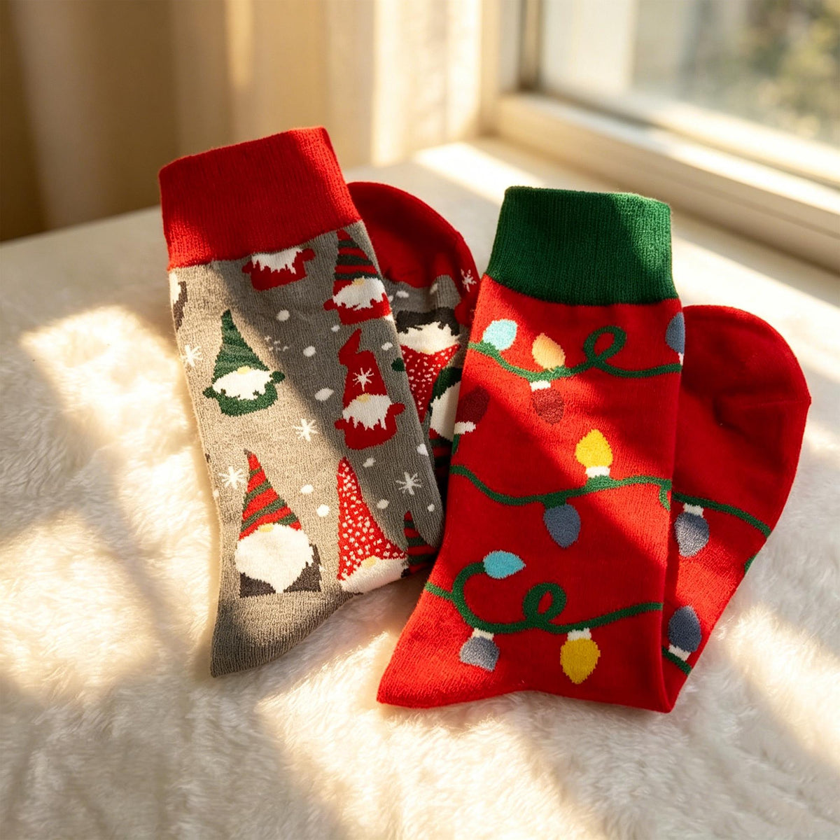 Mismatched Christmas Socks, Gnome and Holiday Light Crew Socks, Quirky Gift by AnnieColors, view 7