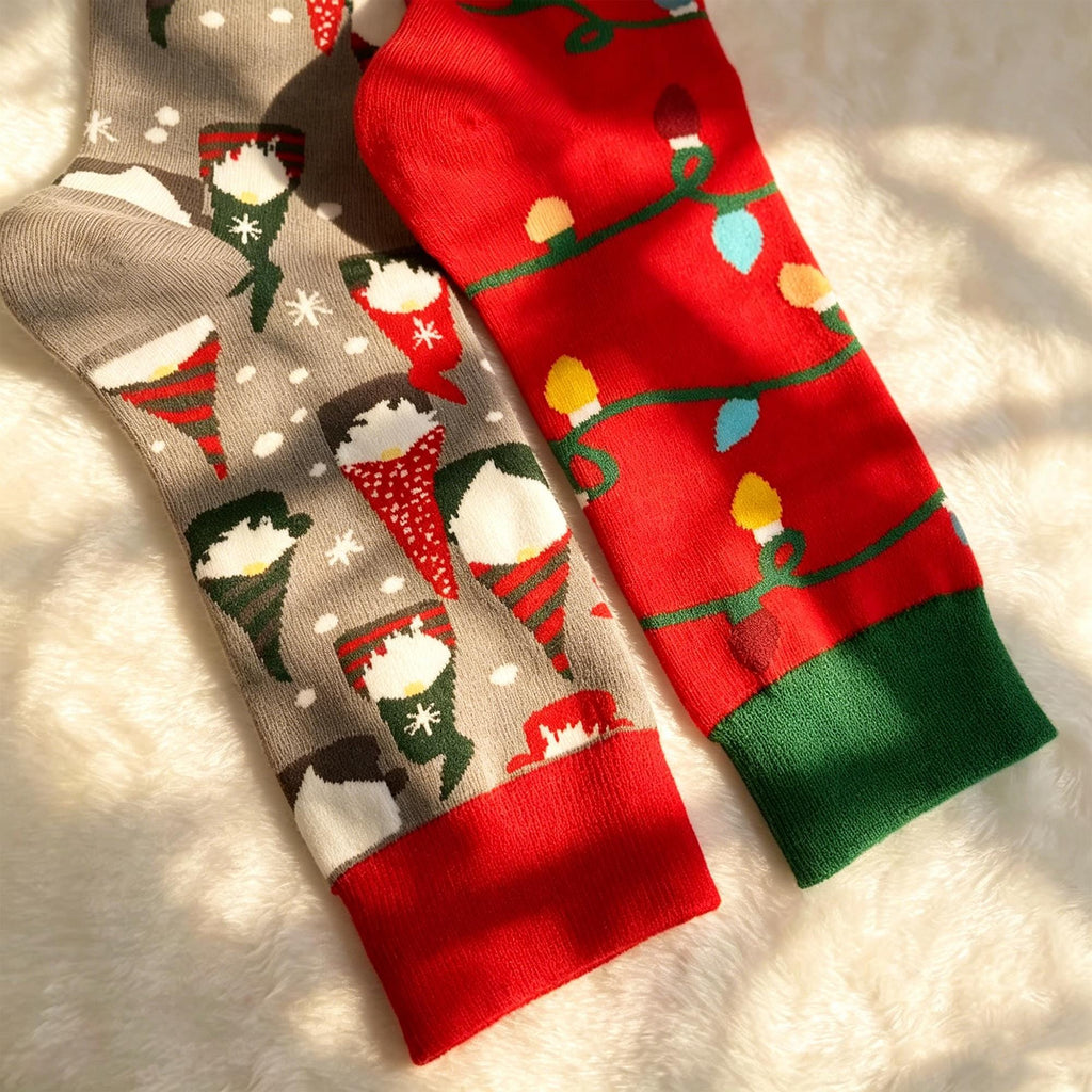 Mismatched Christmas Socks, Gnome and Holiday Light Crew Socks, Quirky Gift by AnnieColors, view 8