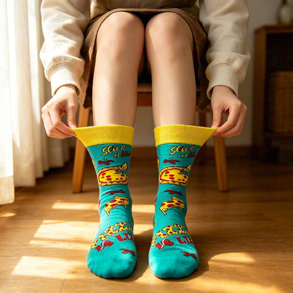 Pizza Coffee and Wine Socks sock collection, Funny Foodie Crew Socks, Brunch Lover Gift by AnnieColors, view 3