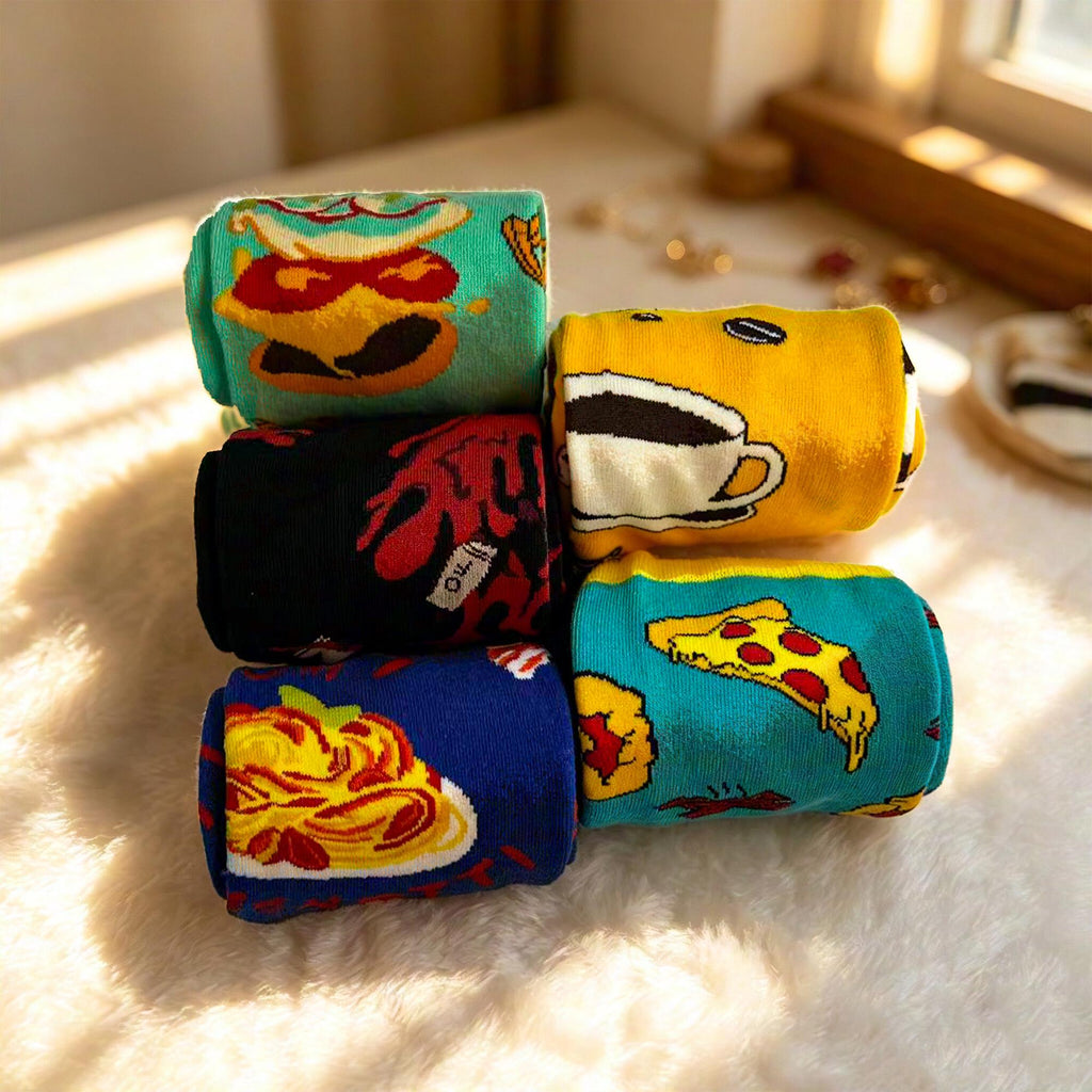 Pizza Coffee and Wine Socks sock collection, Funny Foodie Crew Socks, Brunch Lover Gift by AnnieColors, view 8
