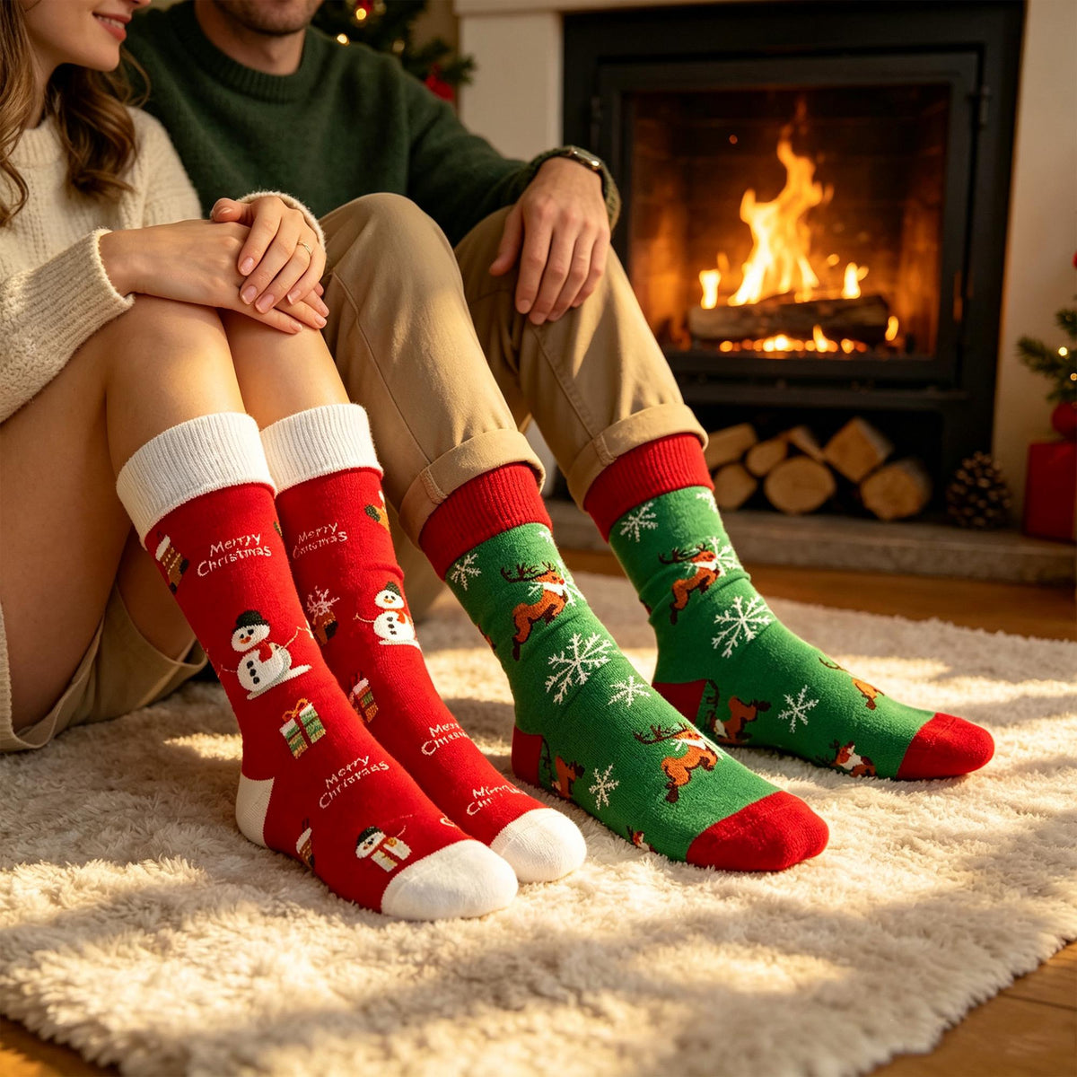 Festive Christmas Crew Socks, Holiday Novelty Santa Reindeer Socks, Cozy Winter Cabin Socks by AnnieColors, view 2