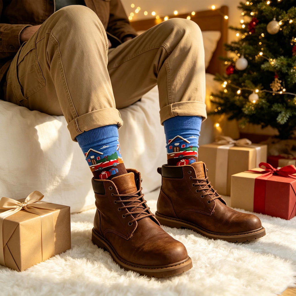 Festive Christmas Crew Socks, Holiday Novelty Santa Reindeer Socks, Cozy Winter Cabin Socks by AnnieColors, view 5