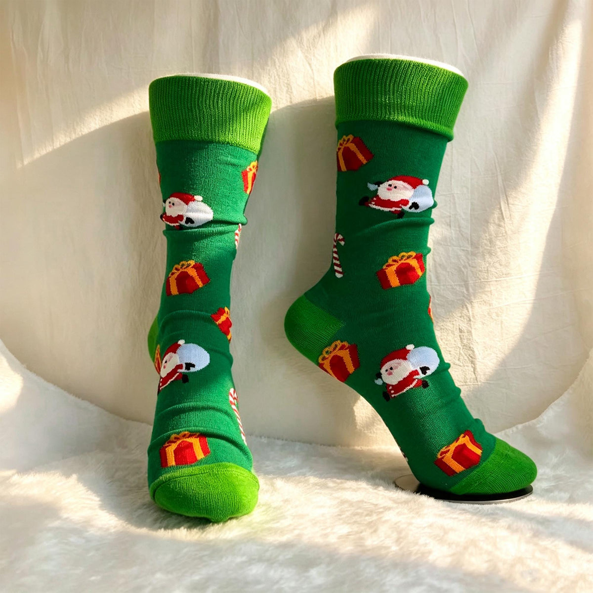 Festive Christmas Crew Socks, Holiday Novelty Santa Reindeer Socks, Cozy Winter Cabin Socks by AnnieColors, view 7