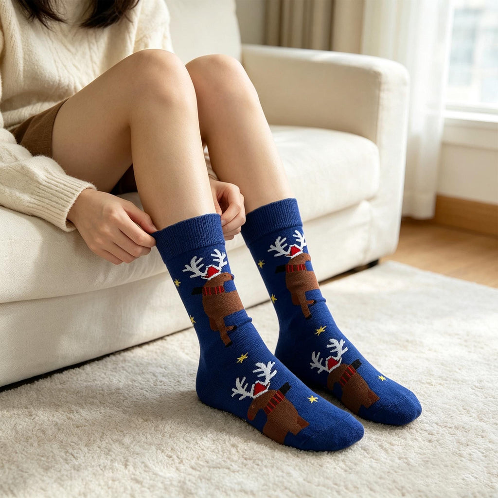Feliz Navidad Crew Socks, Reindeer Star and Christmas Tree sock collection, Holiday Gift by AnnieColors, view 2