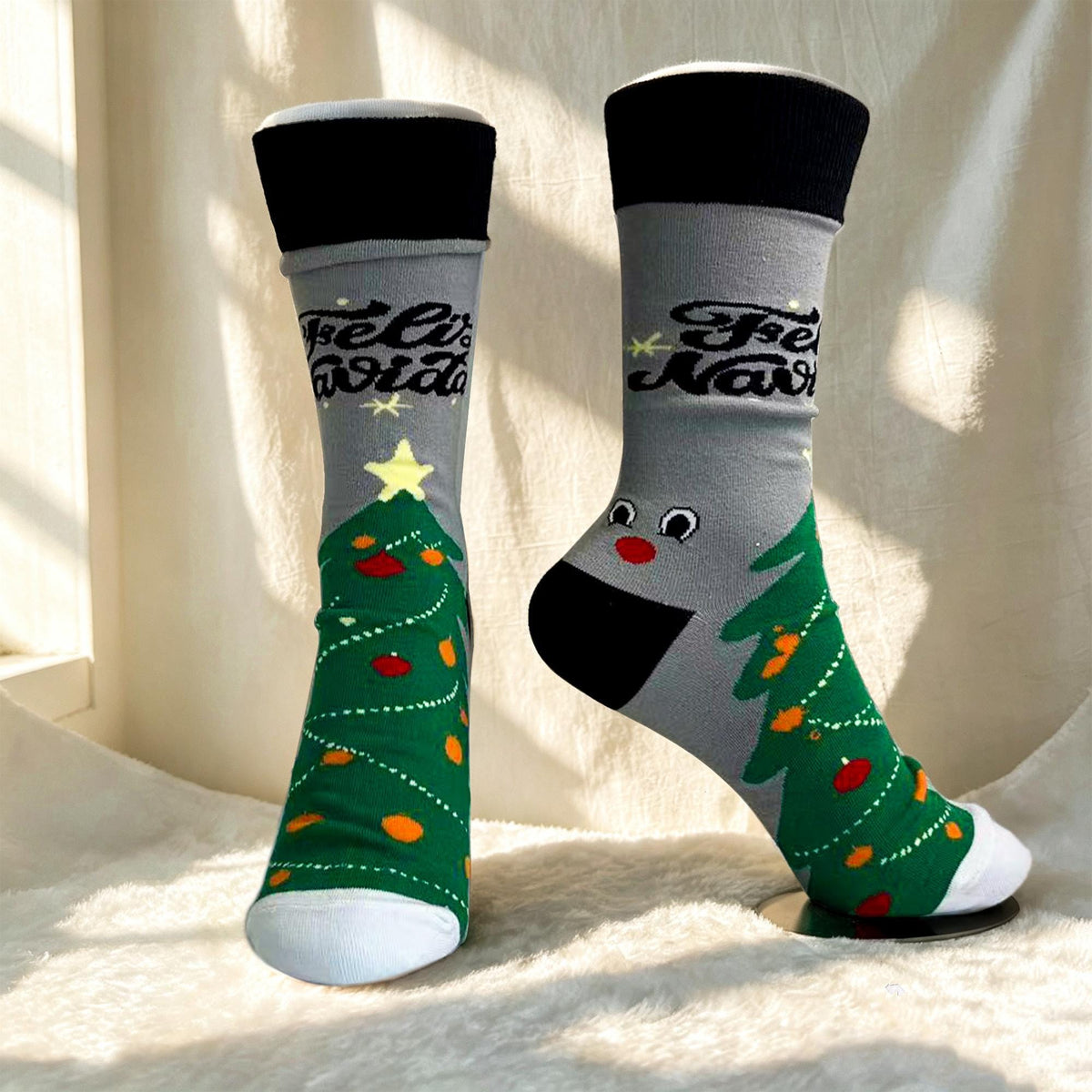 Feliz Navidad Crew Socks, Reindeer Star and Christmas Tree sock collection, Holiday Gift by AnnieColors, view 8