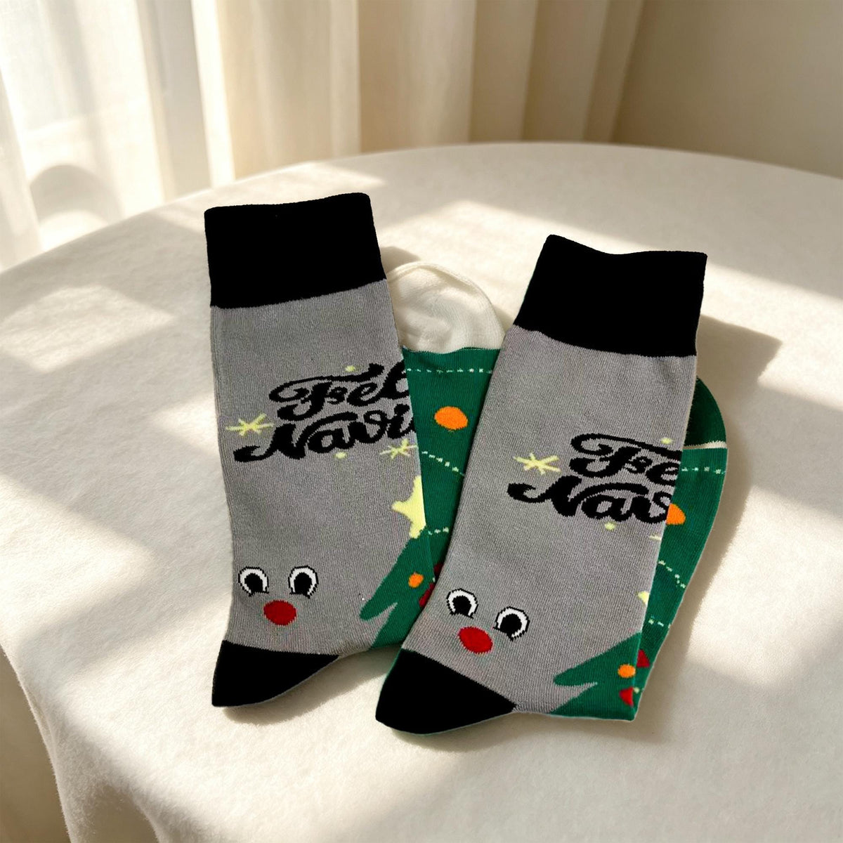 Feliz Navidad Crew Socks, Reindeer Star and Christmas Tree sock collection, Holiday Gift by AnnieColors, view 9