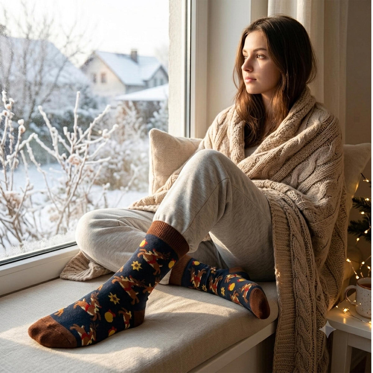 Feliz Navidad Crew Socks, Reindeer Star and Christmas Tree sock collection, Holiday Gift by AnnieColors, view 3