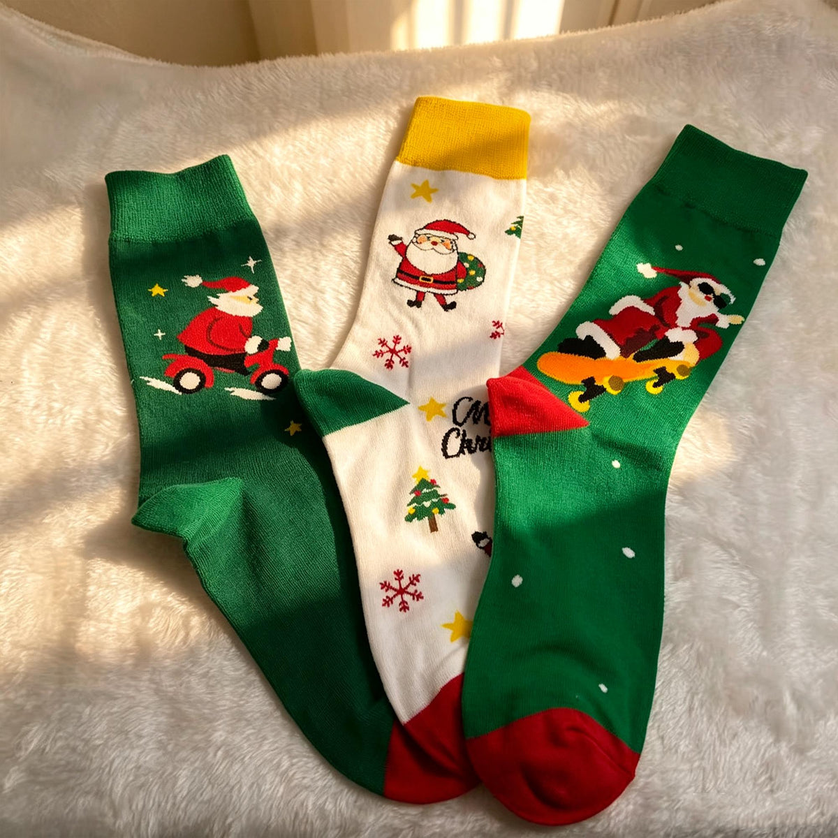 Santa Christmas Crew Socks, Biking Skating and Gift Carrying Designs, Holiday Gift for Her by AnnieColors