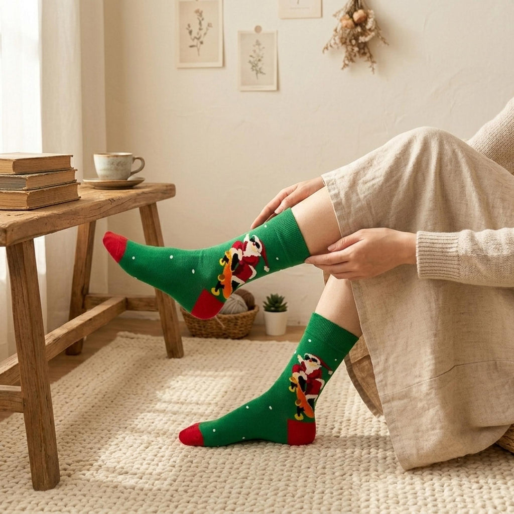 Santa Christmas Crew Socks, Biking Skating and Gift Carrying Designs, Holiday Gift for Her by AnnieColors, view 2