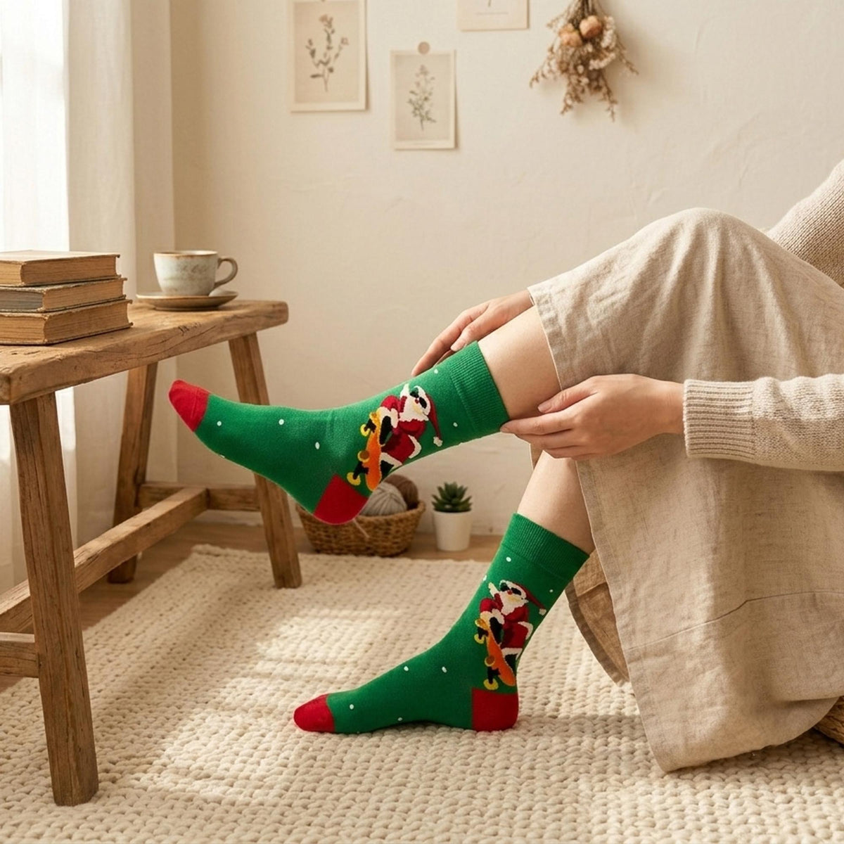 Santa Christmas Crew Socks, Biking Skating and Gift Carrying Designs, Holiday Gift for Her by AnnieColors, view 2