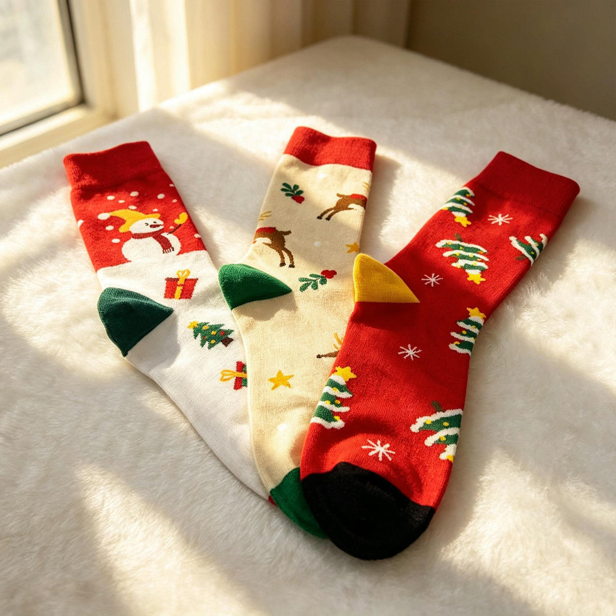 Christmas Care Package Socks, Snowman Reindeer and Tree Crew Socks, College Gift by AnnieColors