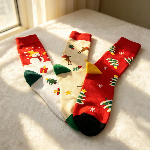 Christmas Care Package Socks, Snowman Reindeer and Tree Crew Socks, College Gift by AnnieColors