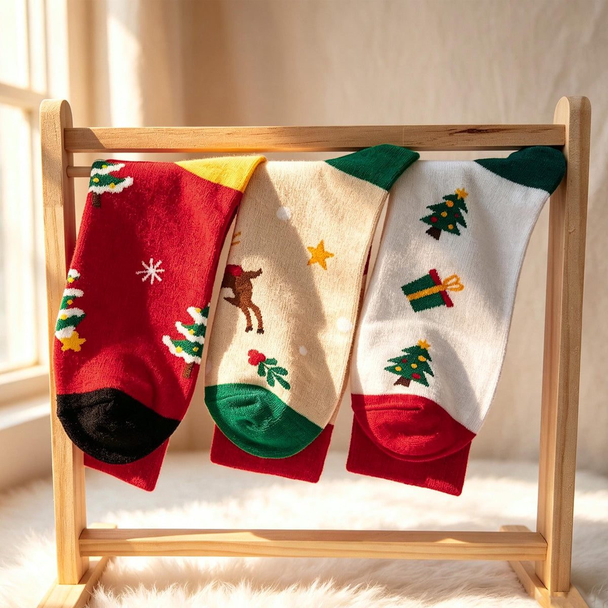 Christmas Care Package Socks, Snowman Reindeer and Tree Crew Socks, College Gift by AnnieColors, view 10
