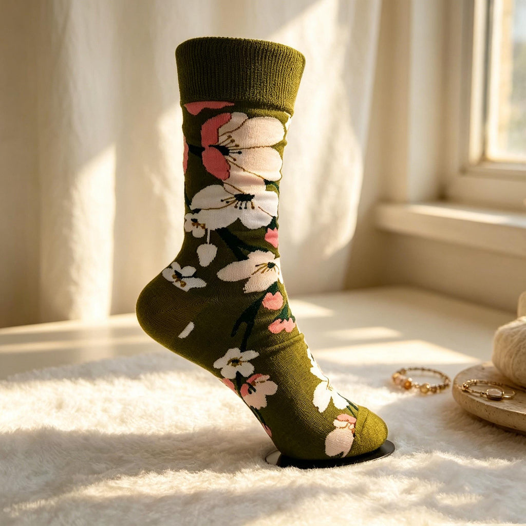Personalized Artistic Garden Crew Socks, Floral Botanical Jacquard Knit Socks, Nature Inspired Socks by AnnieColors, view 10