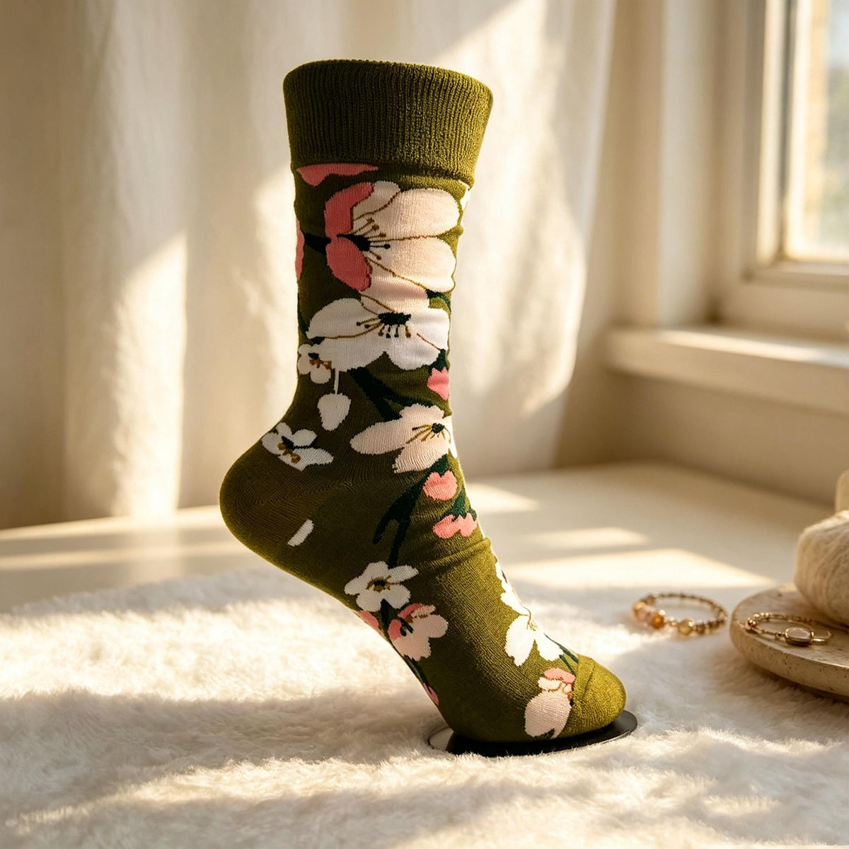 Personalized Artistic Garden Crew Socks, Floral Botanical Jacquard Knit Socks, Nature Inspired Socks by AnnieColors, view 10