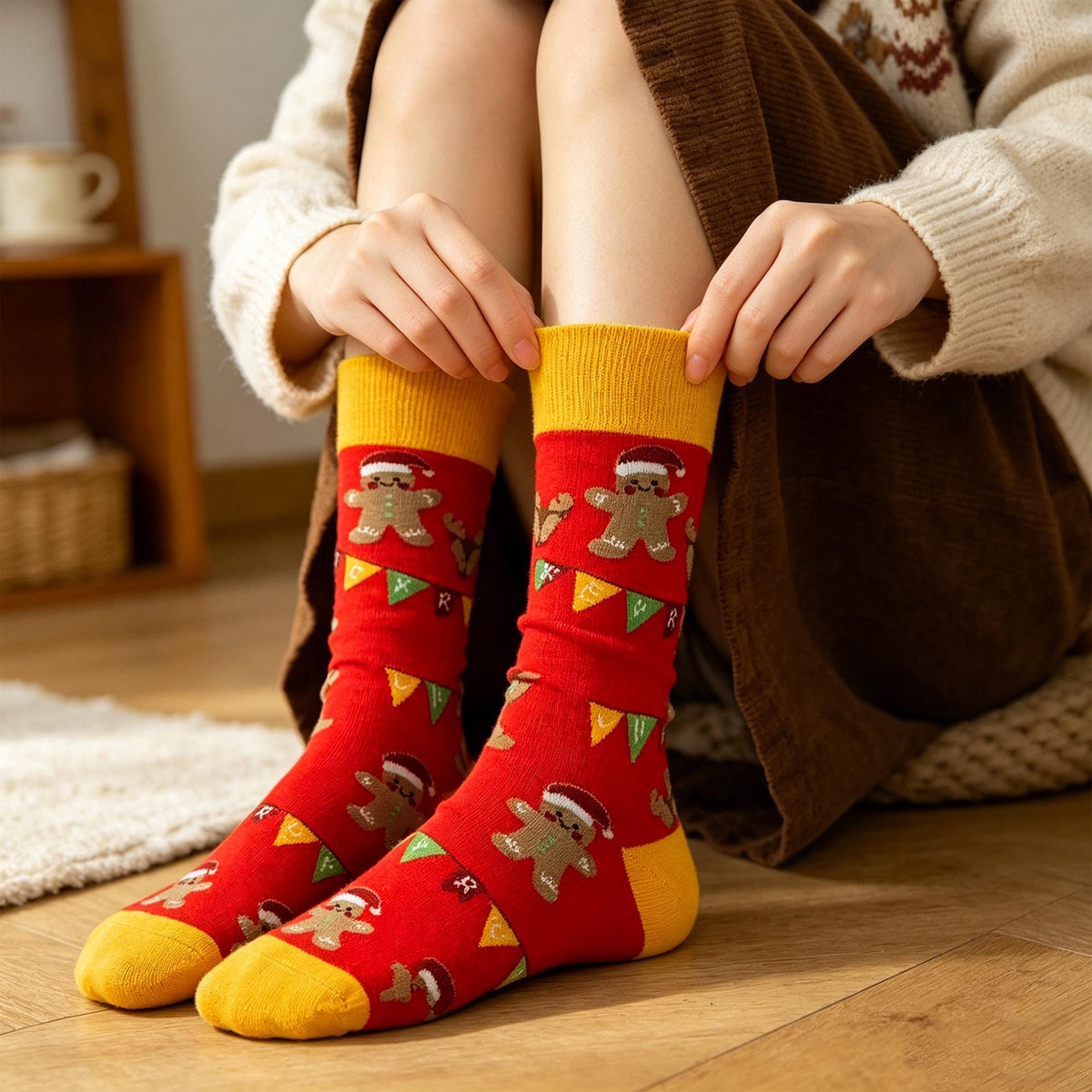 Christmas Gingerbread Socks, Colorful Festive Holiday Crew Socks, Winter Village Patterned Socks by AnnieColors, view 7