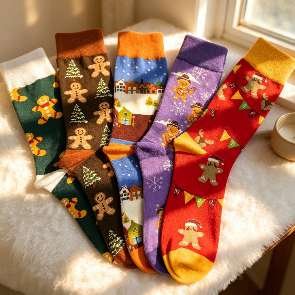 Christmas Gingerbread Socks, Colorful Festive Holiday Crew Socks, Winter Village Patterned Socks by AnnieColors, view 2