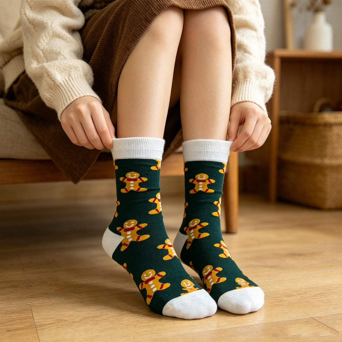 Christmas Gingerbread Socks, Colorful Festive Holiday Crew Socks, Winter Village Patterned Socks by AnnieColors, view 3