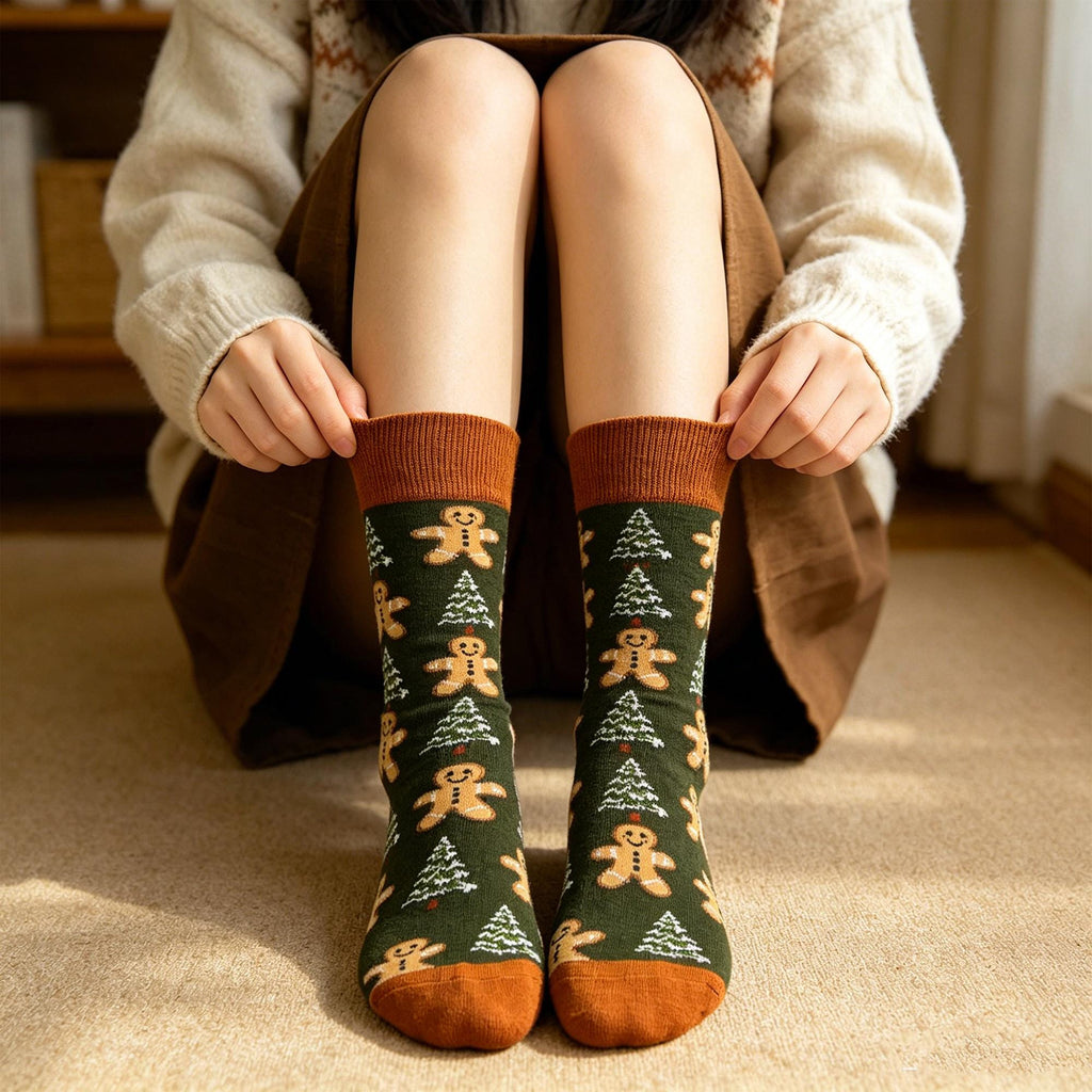 Christmas Gingerbread Socks, Colorful Festive Holiday Crew Socks, Winter Village Patterned Socks by AnnieColors, view 4