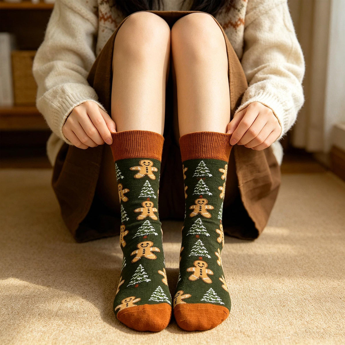 Christmas Gingerbread Socks, Colorful Festive Holiday Crew Socks, Winter Village Patterned Socks by AnnieColors, view 4