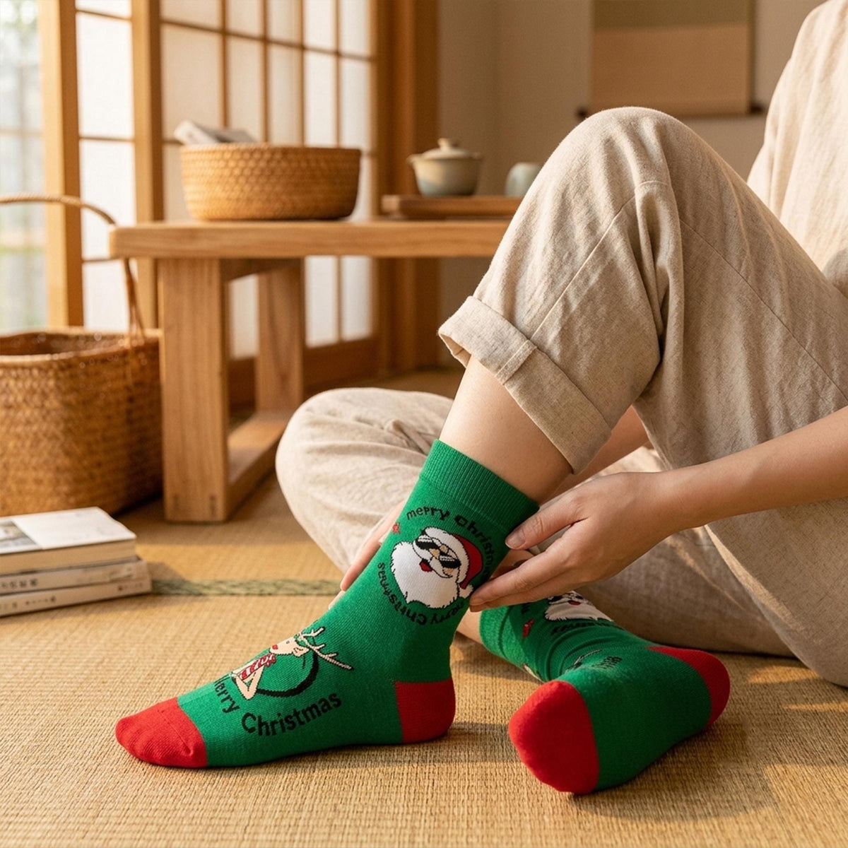 Cool Santa Crew Socks sock collection, Funny Christmas Patterns, White Elephant Gift by AnnieColors, view 4