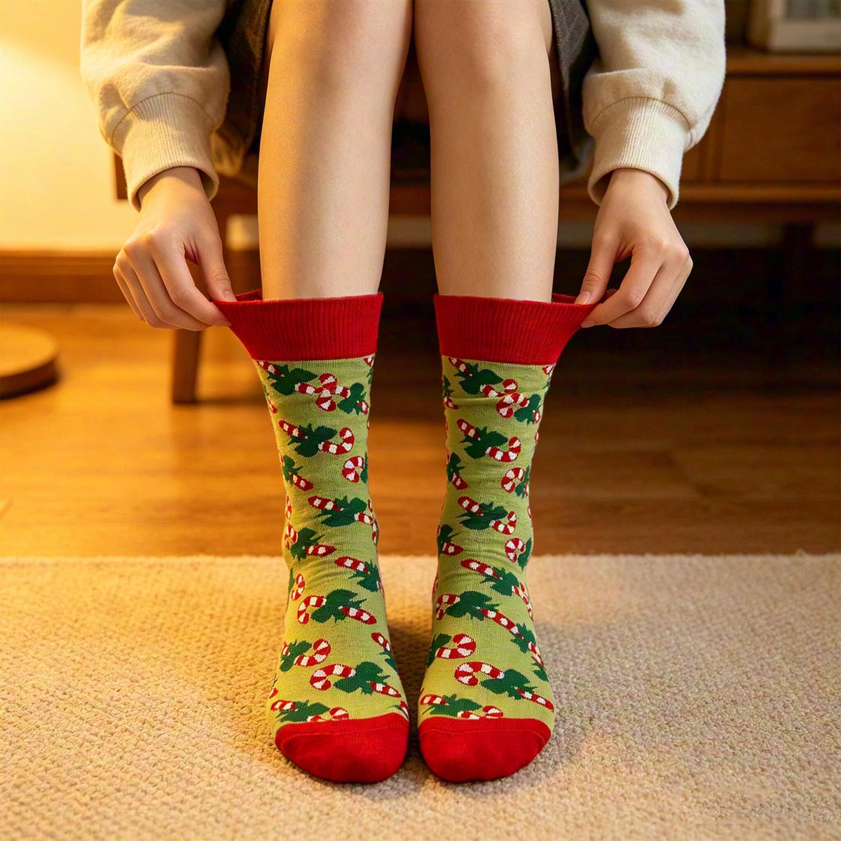 Colorful Festive Holiday Crew Socks, Novelty Dinosaur Xmas Sock, Cozy Winter Gift for Her by AnnieColors, view 4