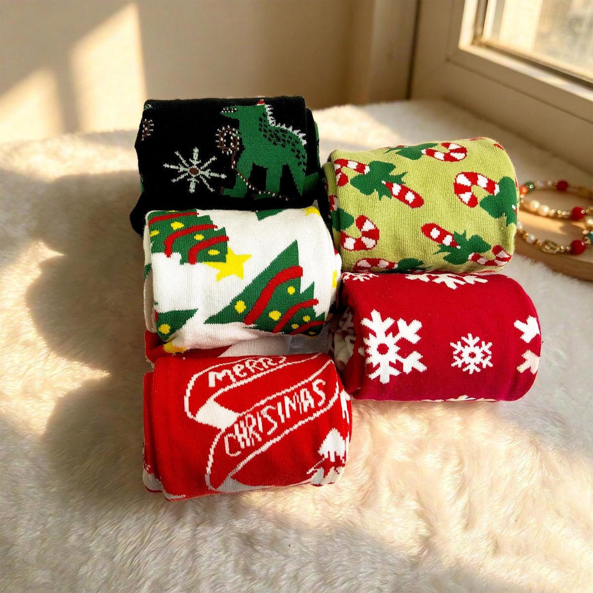 Colorful Festive Holiday Crew Socks, Novelty Dinosaur Xmas Sock, Cozy Winter Gift for Her by AnnieColors, view 8