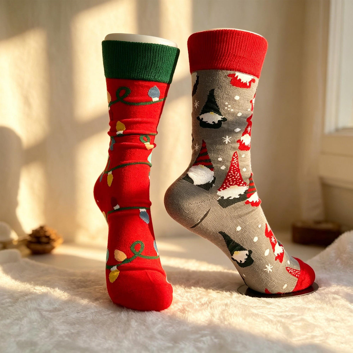 Mismatched Christmas Socks, Gnome and Holiday Light Crew Socks, Quirky Gift by AnnieColors, view 2