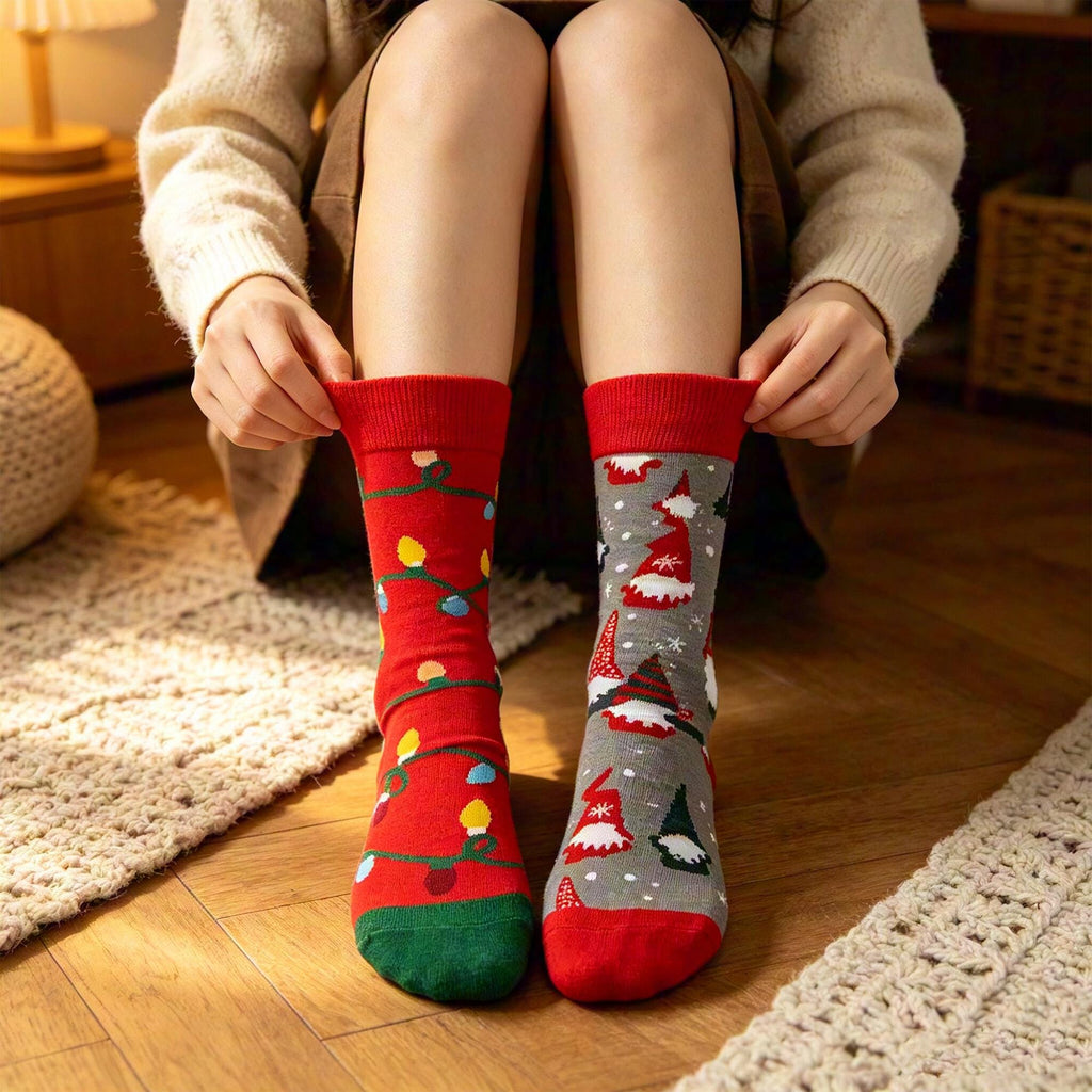 Mismatched Christmas Socks, Gnome and Holiday Light Crew Socks, Quirky Gift by AnnieColors, view 6