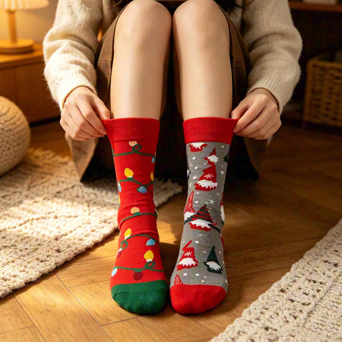 Mismatched Christmas Socks, Gnome and Holiday Light Crew Socks, Quirky Gift by AnnieColors, view 6