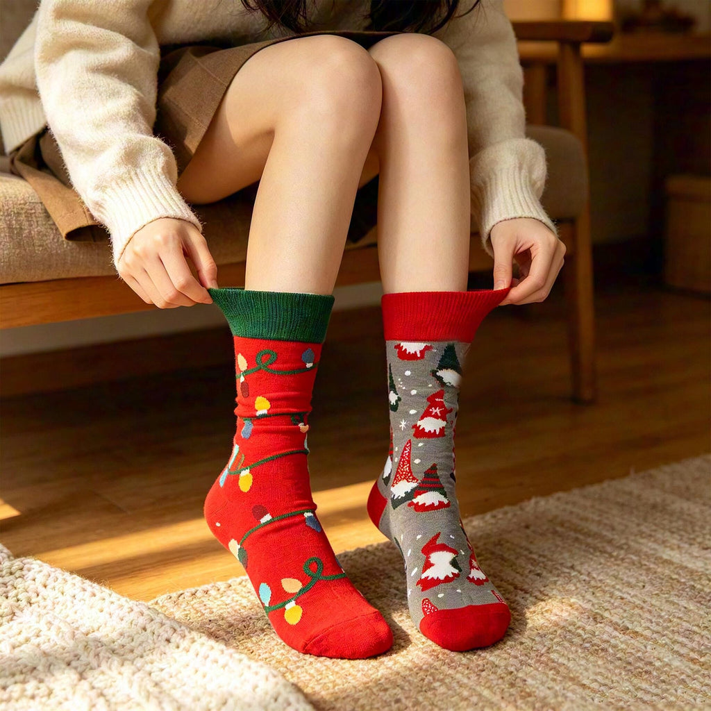 Mismatched Christmas Socks, Gnome and Holiday Light Crew Socks, Quirky Gift by AnnieColors, view 5
