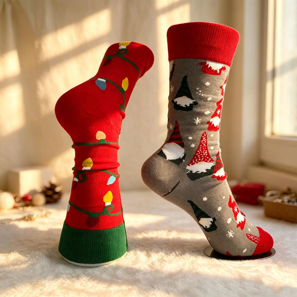Mismatched Christmas Socks, Gnome and Holiday Light Crew Socks, Quirky Gift by AnnieColors, view 9
