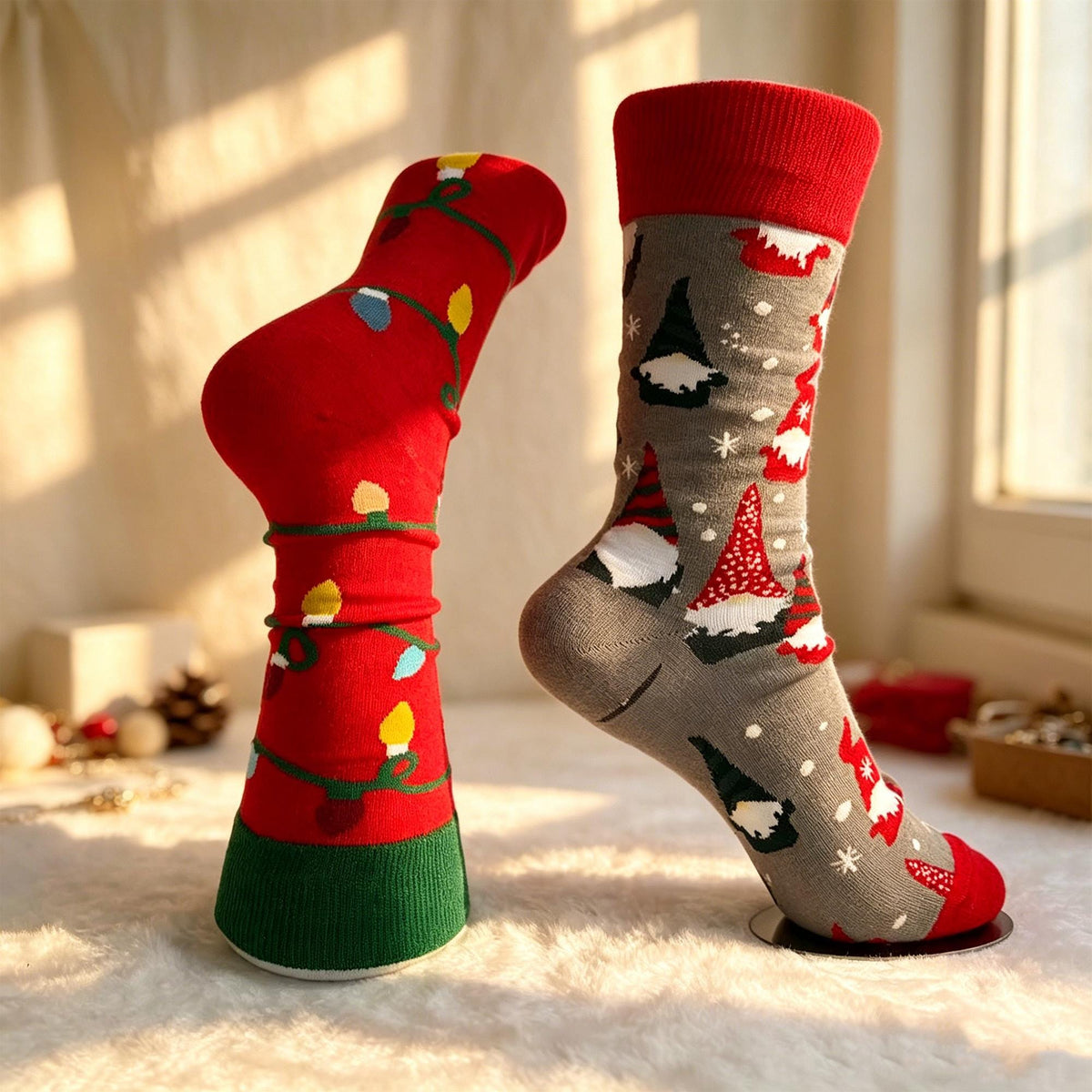 Mismatched Christmas Socks, Gnome and Holiday Light Crew Socks, Quirky Gift by AnnieColors, view 9