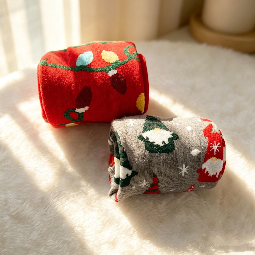 Mismatched Christmas Socks, Gnome and Holiday Light Crew Socks, Quirky Gift by AnnieColors, view 10