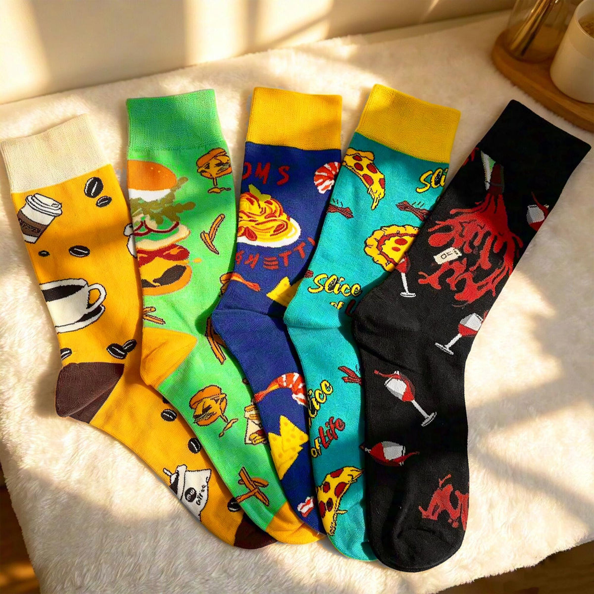 Pizza Coffee and Wine Socks sock collection, Funny Foodie Crew Socks, Brunch Lover Gift by AnnieColors