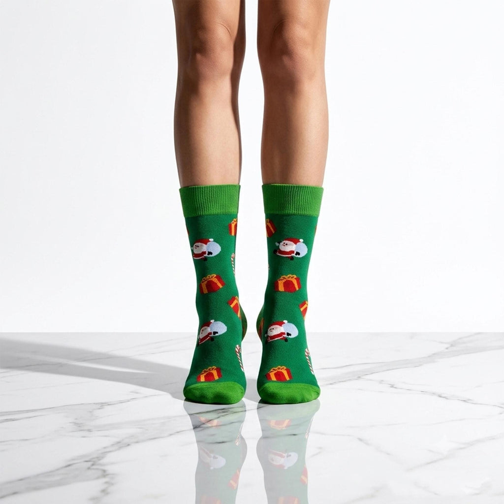 Festive Christmas Crew Socks, Holiday Novelty Santa Reindeer Socks, Cozy Winter Cabin Socks by AnnieColors, view 6