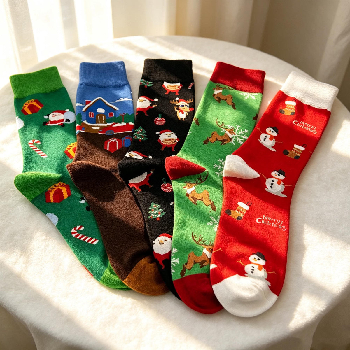 Festive Christmas Crew Socks, Holiday Novelty Santa Reindeer Socks, Cozy Winter Cabin Socks by AnnieColors