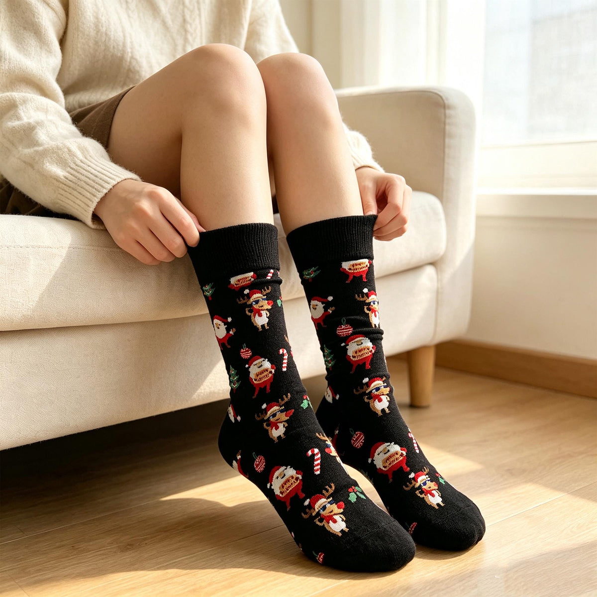 Festive Christmas Crew Socks, Holiday Novelty Santa Reindeer Socks, Cozy Winter Cabin Socks by AnnieColors, view 4