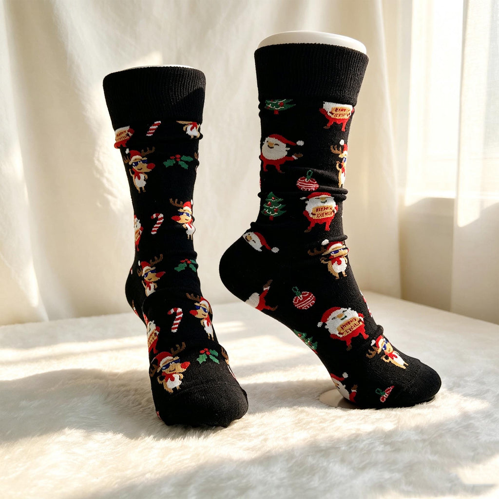 Festive Christmas Crew Socks, Holiday Novelty Santa Reindeer Socks, Cozy Winter Cabin Socks by AnnieColors, view 8